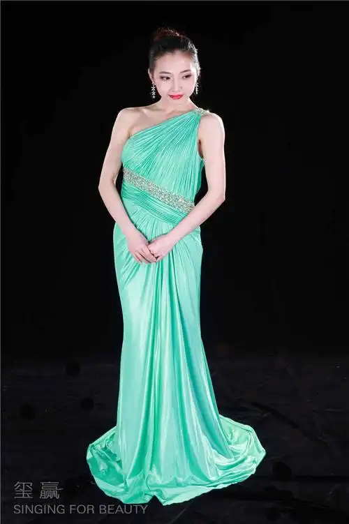 名称:孔雀绿单肩精品礼服