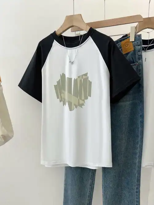 实拍100%纯棉21支220g 印花 拼接撞色正肩t恤甜酷女春夏宽松上衣 - 17