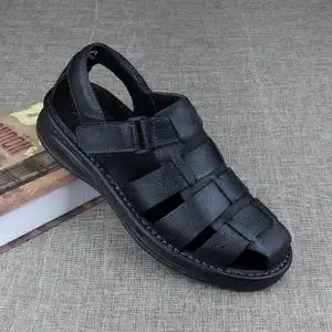 皮凉鞋男夏季头层牛皮黑色包头沙滩鞋平跟厚底减震镂空户外休闲价格