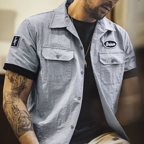 马登工装美式复古速度与激情同款古巴领衬衫硬汉vintage衬衣男夏