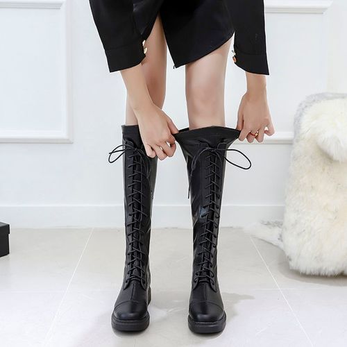 名牌特价真皮长筒靴女弹力系带长靴女2019新款马丁靴子女中高筒靴