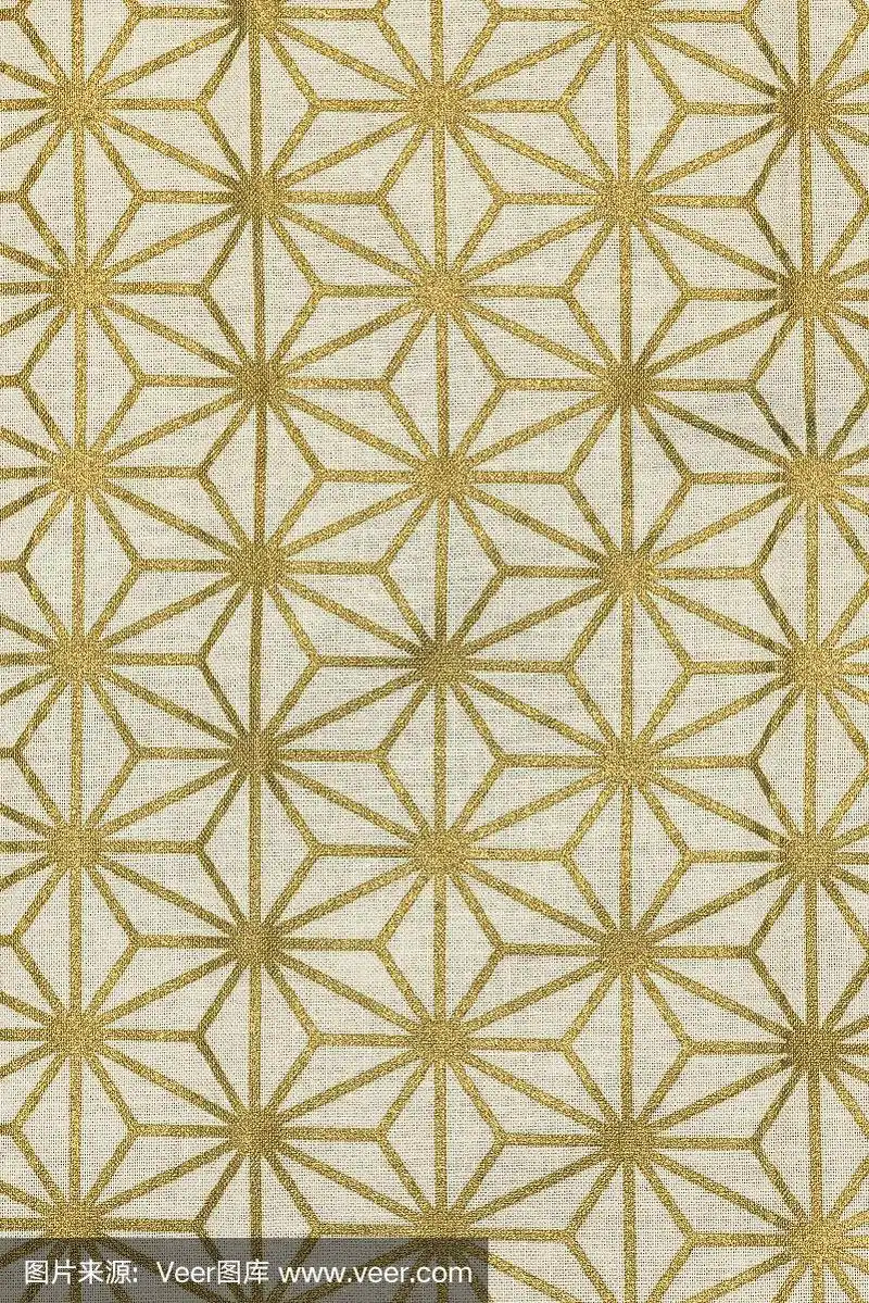 高度详细的背景纹理的传统日本黄金和白色麻叶形状图案设计纺织在合成