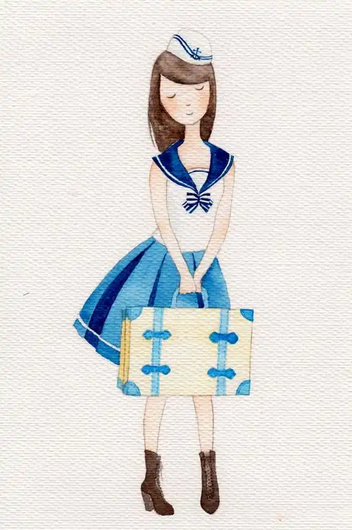 水彩手绘水手服少女多希望能随时带上行