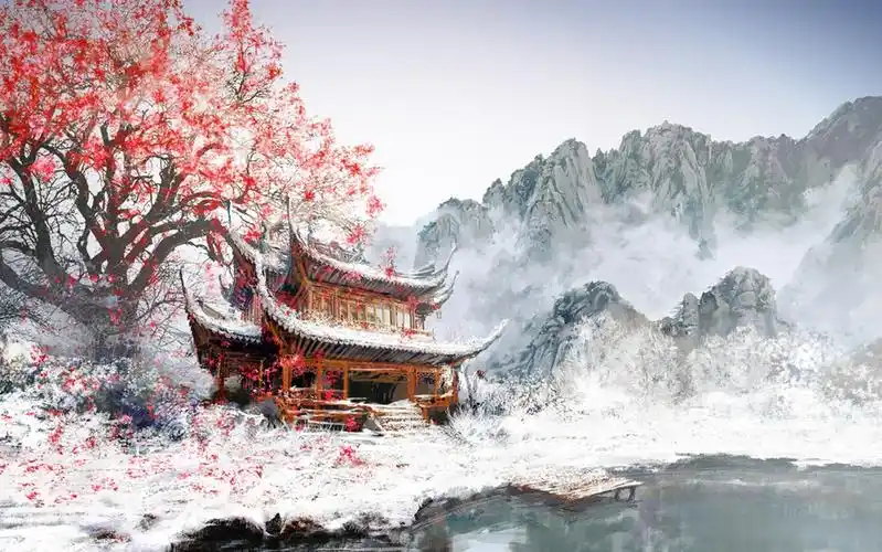 中国风油画中式建筑风景挂画红色壁画高清