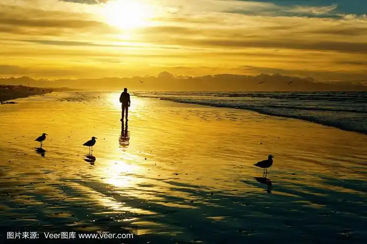 日落时分,一个孤独的身影走在荒芜的海滩上