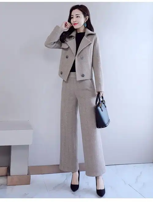 柏漫丝 高档轻奢毛呢阔腿裤时尚套装女秋装2020年气质显瘦洋气时髦两