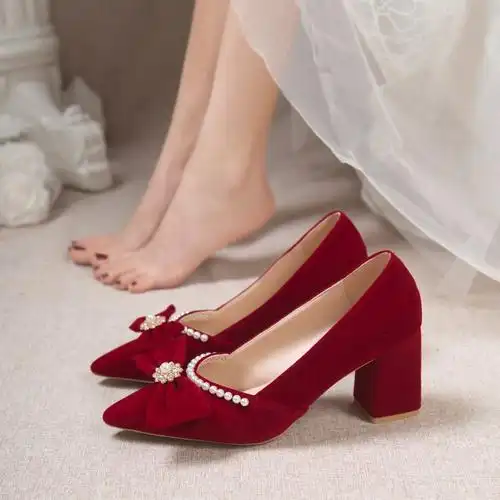 敬酒服订婚鞋禾秀婚纱平时可两穿红色高跟鞋女结婚粗跟新娘不累脚
