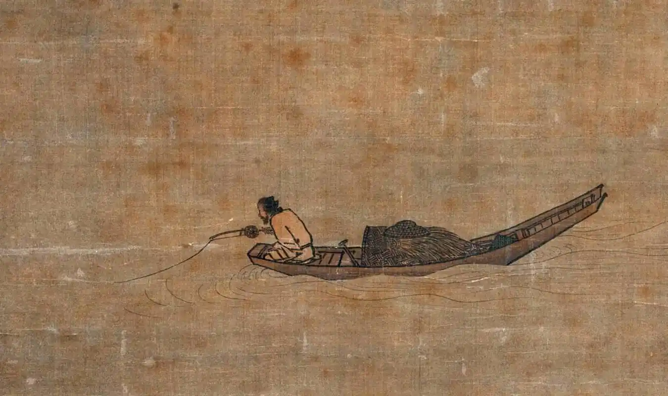 传统文化# #国画#  《寒江独钓图》立轴,绢本设色,纵26.7厘米,横50.