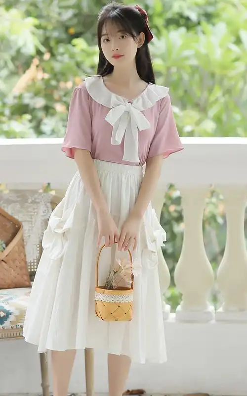 韩版宽松新款初中生高中学生甜美小清新长裙子女装潮衬衫半身裙两s