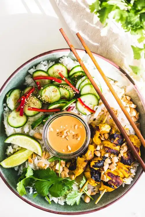 jasmine rice is the base for this thai bowl, but you can up the