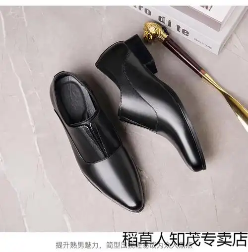 男士真皮尖头增高皮鞋韩版潮流高跟鞋商务套脚英伦时尚发型师鞋子黑色