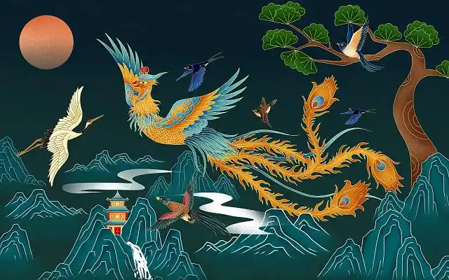 百鸟朝凤插画国潮凤凰凤凰国潮