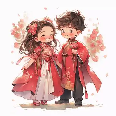 卡通可爱手绘情侣中式红色婚纱结婚甜蜜互动人物ai插画