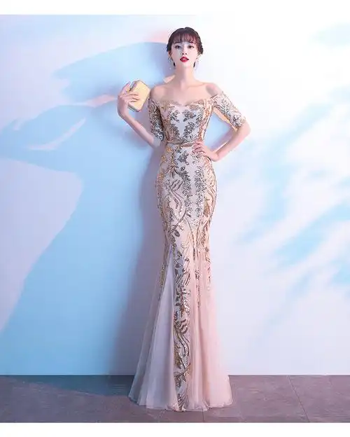 【商场同款】晚礼服女长款气质2019秋高端大气宴会年会主持人晚礼服