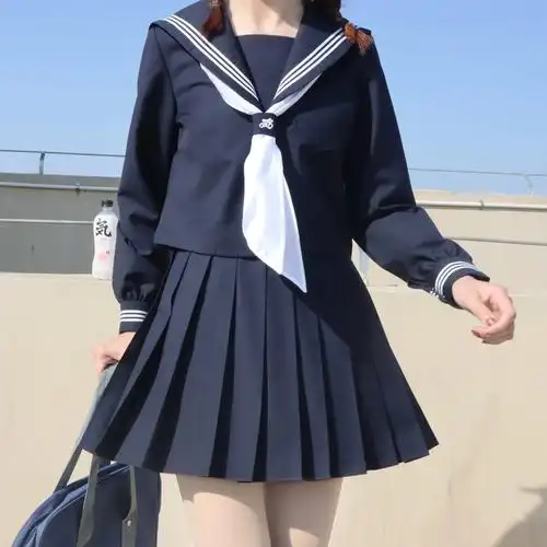 jk制服原创学院风中间服日系校供长袖基础款套装绀三本水手服正版