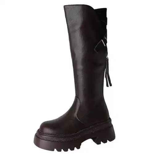 时尚部落弹力不过膝长筒靴子女2023年秋冬季新款后拉链厚底高筒靴