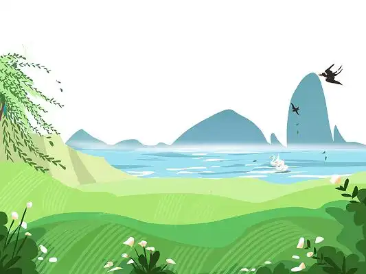 绿色手绘卡通春天立春青山绿水风景装饰元素png素材