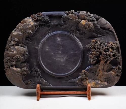 正宗广东肇庆天然原石斧柯东端砚实用手工书法收藏级山水浮雕砚台