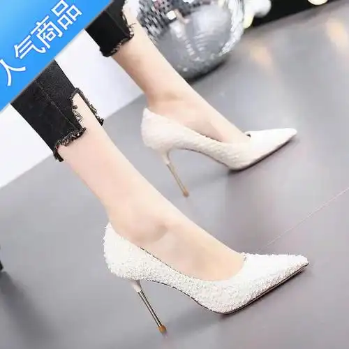 suntek韩版仙女风高跟鞋女细跟2023年春秋新款网红尖头百搭浅口宴会单