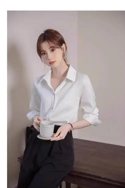 粉色衬衫女长袖职场穿搭职业高级感教资面试正装轻熟风春秋衬衣 - 17