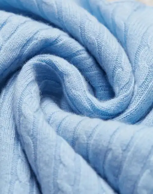 女式浅天蓝100%山羊绒v领绞花套衫