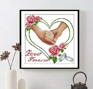 结婚戒子玫瑰爱心图十指相扣幸福牵手十字绣客厅卧室喜庆新房家居