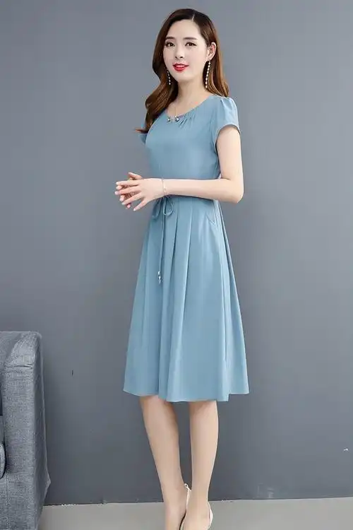 弹力冰丝夏季韩版时尚气质v领雪纺连衣裙女中长款系带显瘦a字裙