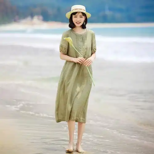 苎麻连衣裙女2023夏季新款小个子花边灯笼短袖宽松怀旧复古长裙子
