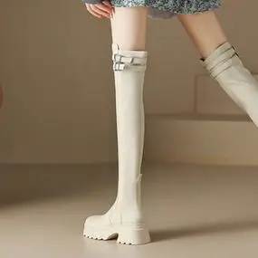 真皮高筒靴厚底显瘦小个子长筒靴过膝靴女秋冬加绒白色方糖长靴子