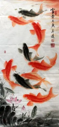 招财吉祥九鱼荷花图 九鱼图 客厅装饰结婚婚庆礼品 - 九鱼图 - 99字画