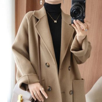 云初墨 双面大衣女中长款毛呢外套春秋冬羊毛手工双面呢韩版外套 可可