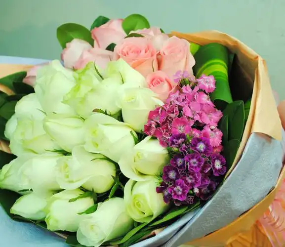 鲜花细节19朵白玫瑰,8朵粉玫瑰,加配花,龟背叶,巴西木叶;蓝色和土黄色