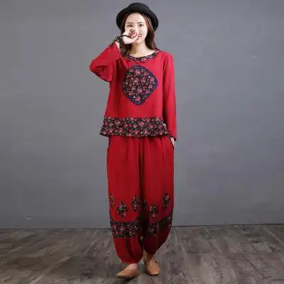 2019秋季新款民族风棉麻套装女中式复古刺绣时尚两件套