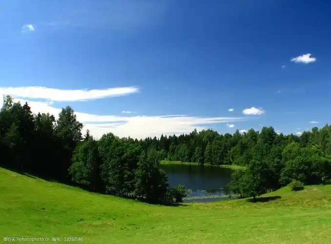 蓝天白云草地树木湖图片