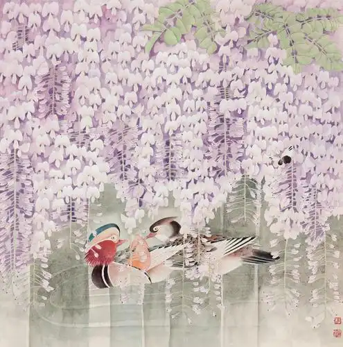 5138 紫藤鸳鸯 镜心 设色纸本