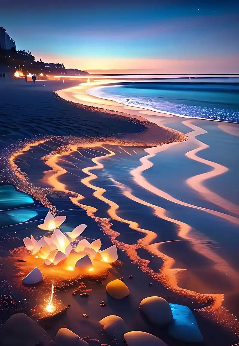 夜晚,海滩上闪烁的各种颜色的椭圆形鹅卵石,透明,晶莹剔透,纯 - 抖音