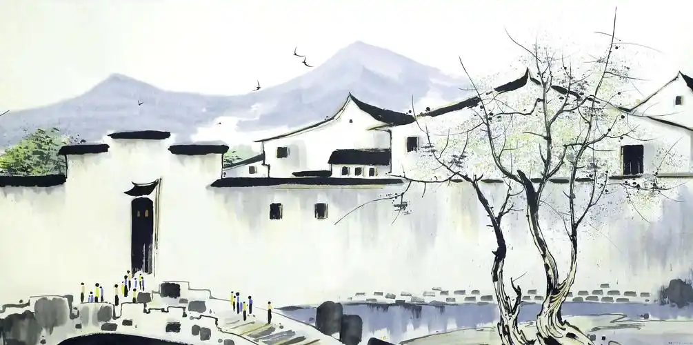 就会顿感他的画是妙笔妙境,用最简洁的水墨,画出江南水乡的建筑