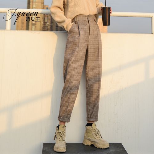 毛呢格子裤女西装裤子秋冬季新款复古英伦风高腰烟管休闲裤萝卜裤