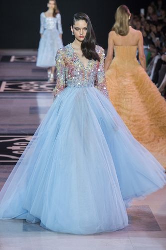georges hobeika水蓝色v领长袖彩色钉珠晚礼服时尚名媛晚会演出服