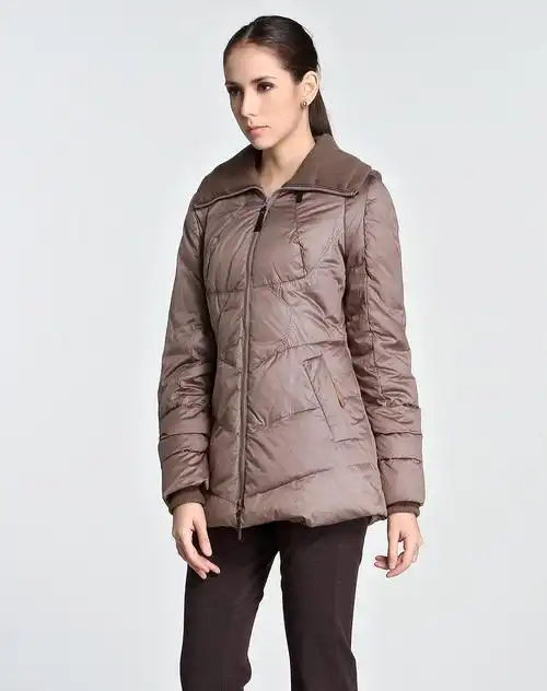 卓雅周末灰咖啡色休闲连帽中长款长袖羽绒服