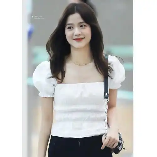 blackpink金智秀jisoo同款复古白色方领木耳边修身衬衫娃娃衫上衣
