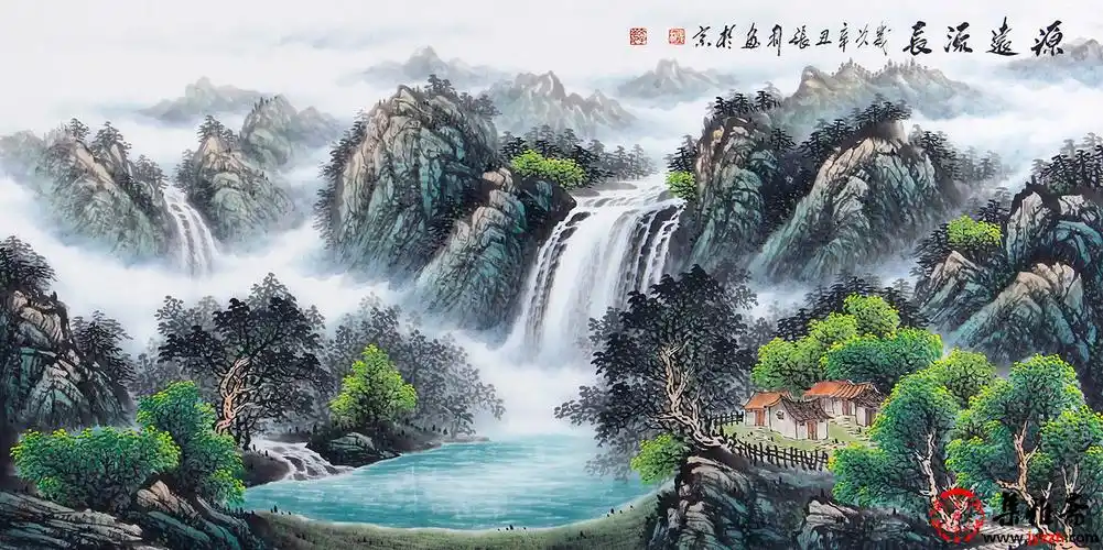 聚宝盆流水生财张利四尺横幅山水画源远流长