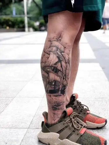 小腿帆船_纹身图案手稿图片_张天宇的纹身作品集