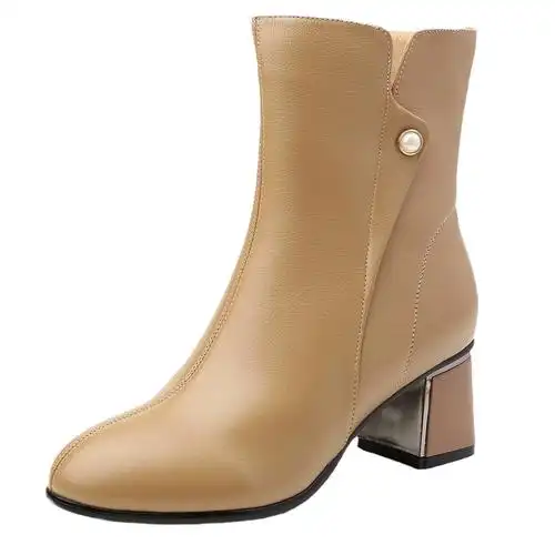 靴高跟中筒靴女气质时尚粗跟真皮马丁靴秋冬白色女靴子全牛皮时装