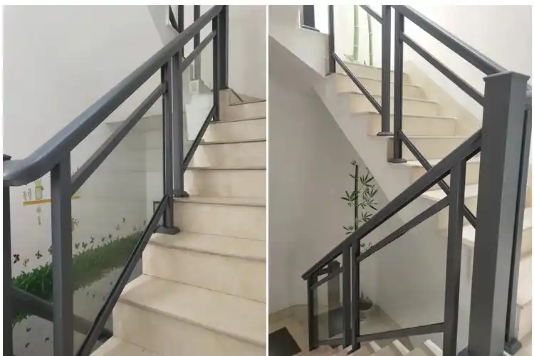 东莞铝合金楼梯扶手室内阳台栏杆护栏铁艺柚木纹玻璃扶手上门安装80