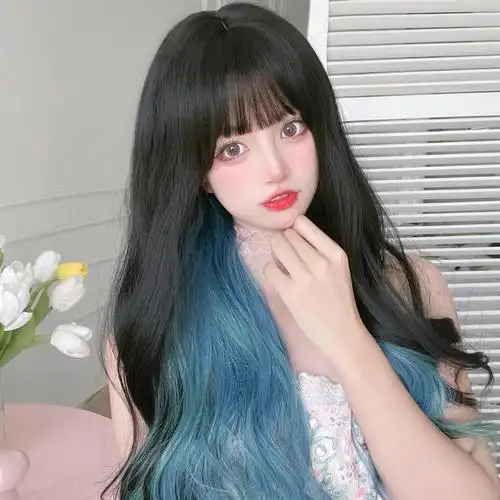 蓝色挂耳染大波浪假发长卷卷发2021年时尚新款日常整顶假发