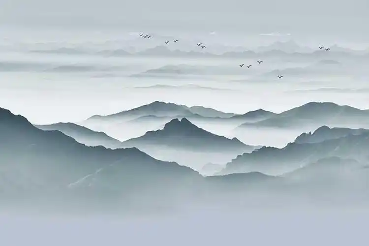 壁画_背景墙_xt94422新中式蓝色水墨山水云海淡雅山峦背景墙_壁画图库