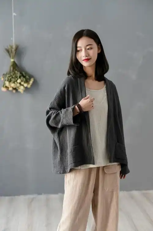 2021秋冬新款棉麻女装文艺纯色宽松棉麻外搭女式上衣开衫外套
