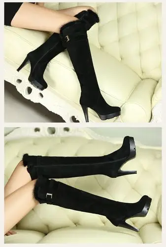 2013秋冬真皮羊皮细跟防水台高筒靴貂毛过膝靴修腿靴高跟女长靴子图片