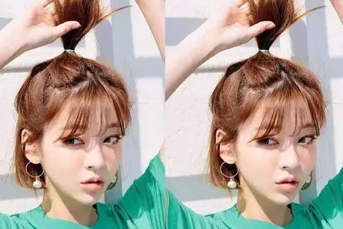 女生短扎头发剪空气 刘海发型